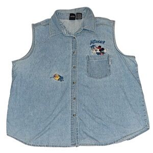 Vintage Denim Sleeveless Womens Shirt Sleeveless with Mickey Mouse Embroidery